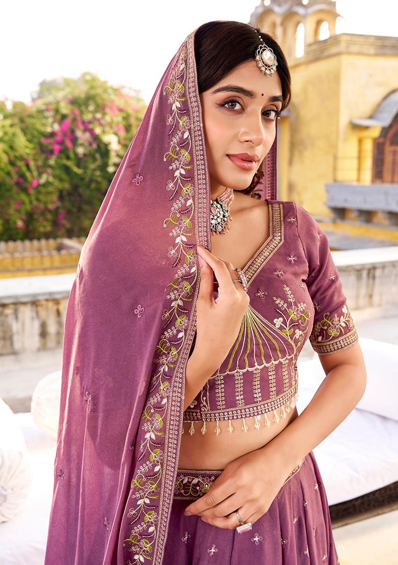 Lavender Embroidered Crush Lehenga Set - Indya