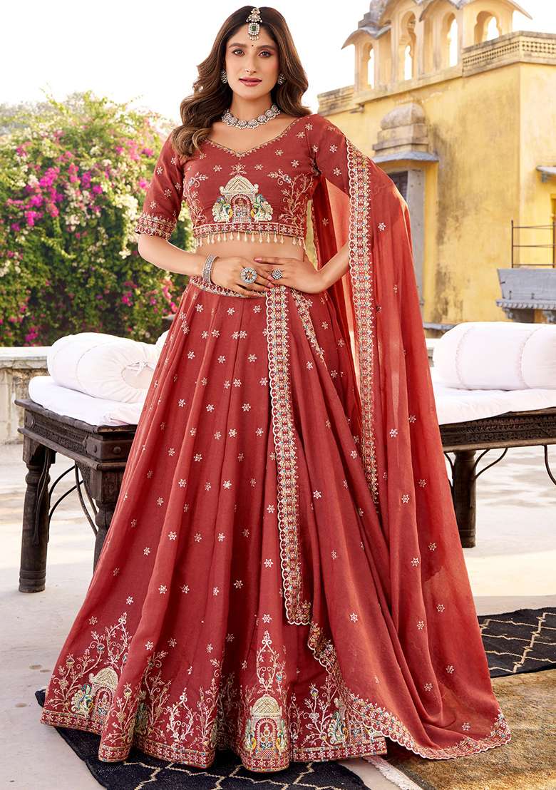 Orange Embroidered Crush Lehenga Set for Diwali and Festive Wear - Indya
