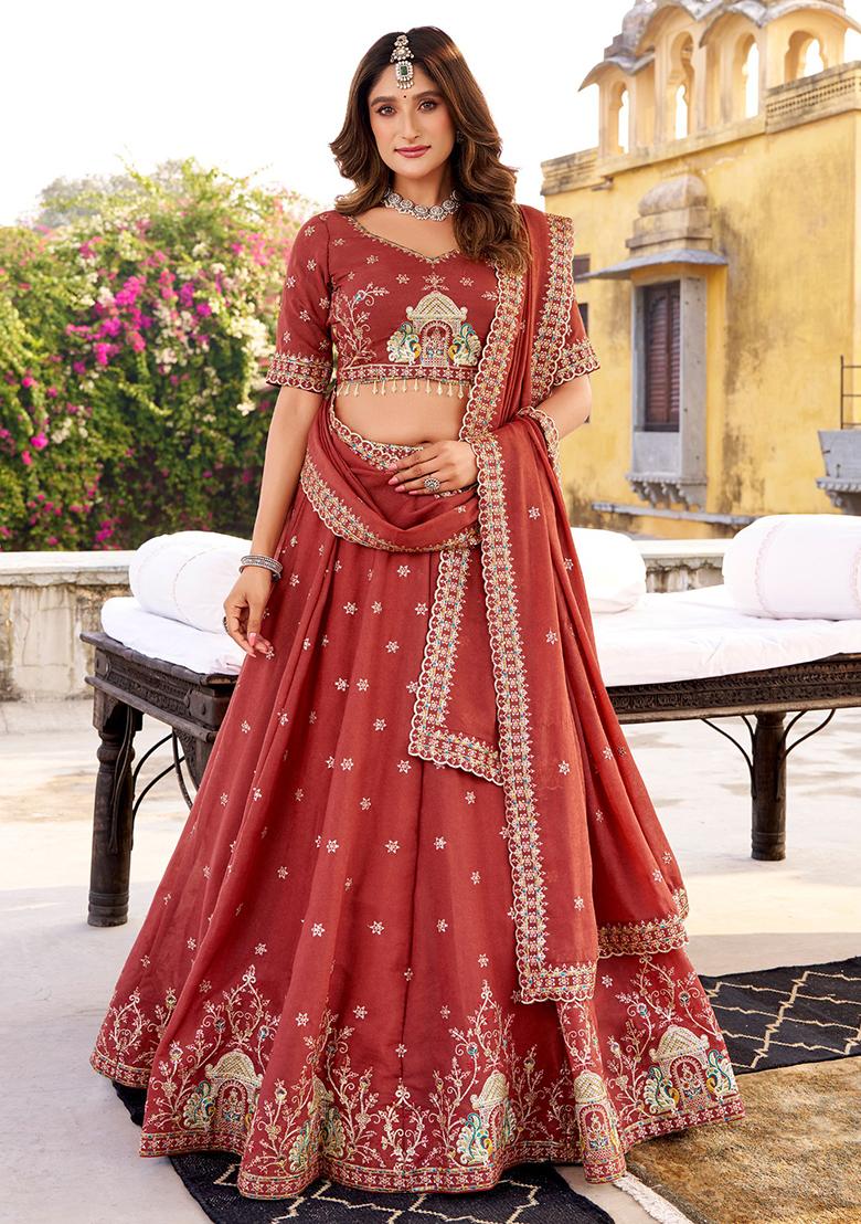 Orange Embroidered Crush Lehenga Set - Indya