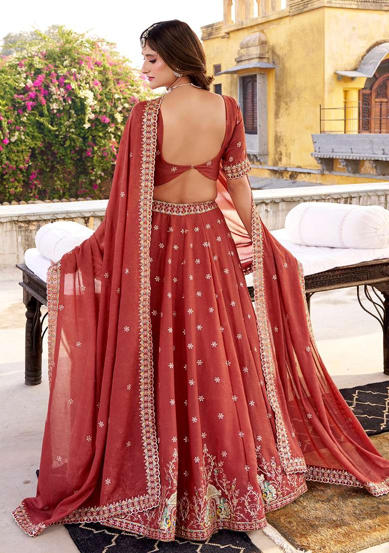 Orange Embroidered Crush Lehenga Set for Diwali and Festive Wear - Indya