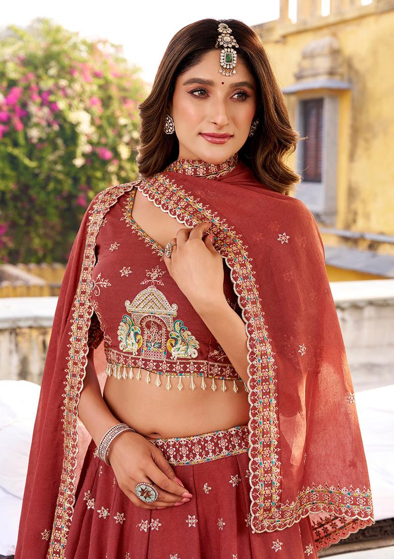 Orange Embroidered Crush Lehenga Set - Indya