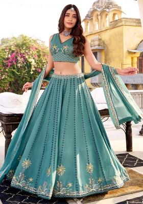 Sky Blue Embroidered Crush Lehenga Set