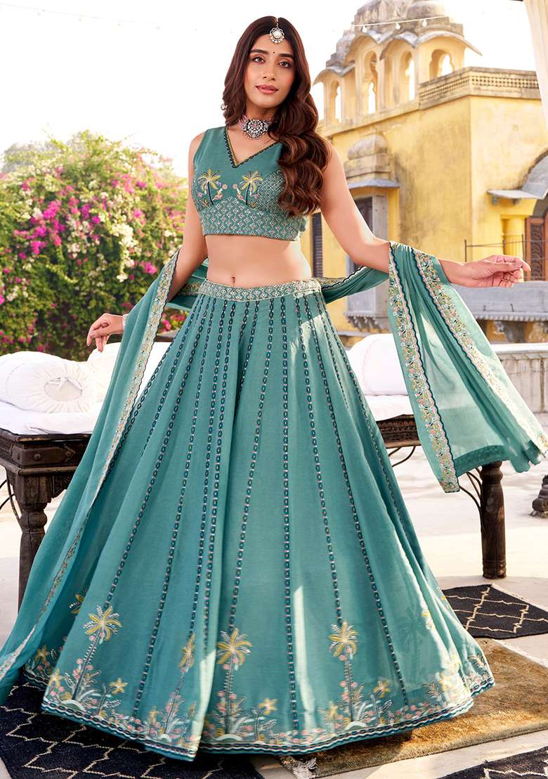 Sky Blue Embroidered Crush Lehenga Set for Diwali and Festive Wear - Indya