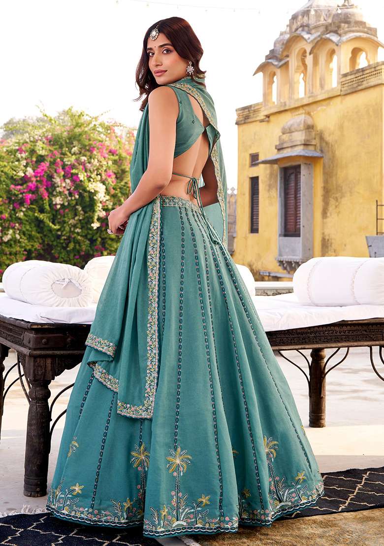 Sky Blue Embroidered Crush Lehenga Set for Diwali and Festive Wear - Indya