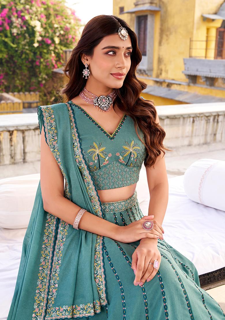 Sky Blue Embroidered Crush Lehenga Set - Indya