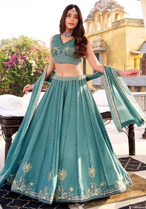 Sky Blue Embroidered Crush Lehenga Set