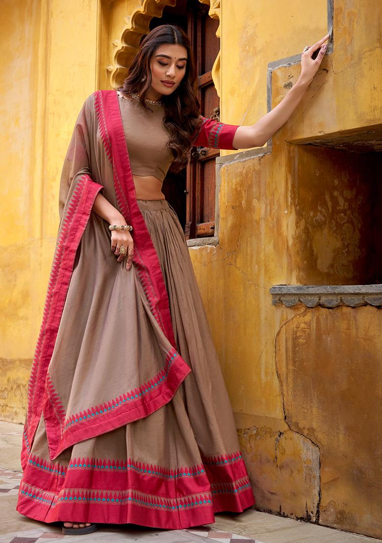 Chiku Embroidered Chanderi Lehenga Set - Indya