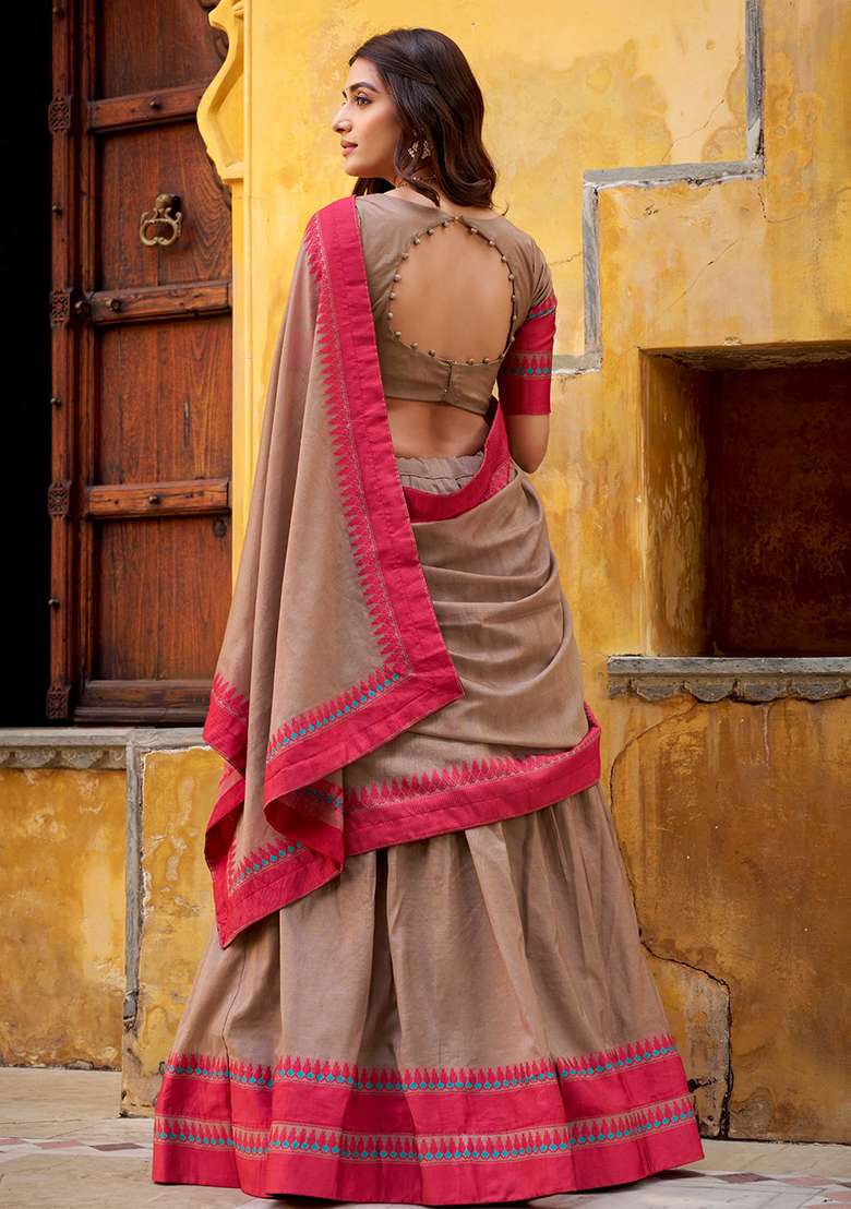 Chiku Chanderi Lehenga Set with Embroidered for Diwali | Wedding & Festive Wear - Indya