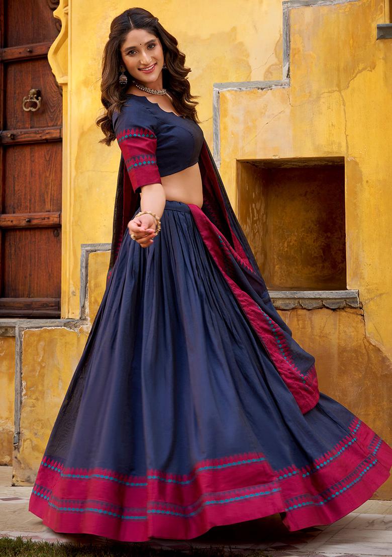 Navy Blue Embroidered Chanderi Lehenga Set - Indya