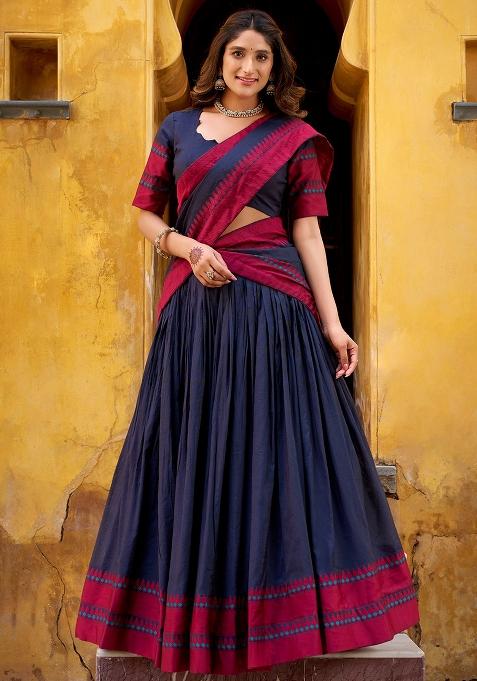 Navy Blue Embroidered Chanderi Lehenga Set
