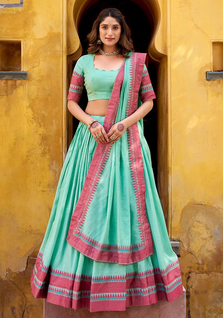 Sky Blue Embroidered Chanderi Lehenga Set - Indya