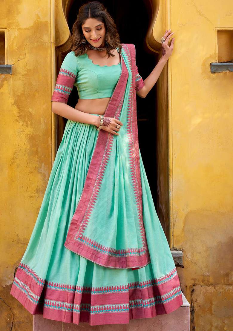 Sky Blue Embroidered Chanderi Lehenga Set for Diwali and Festive Wear - Indya