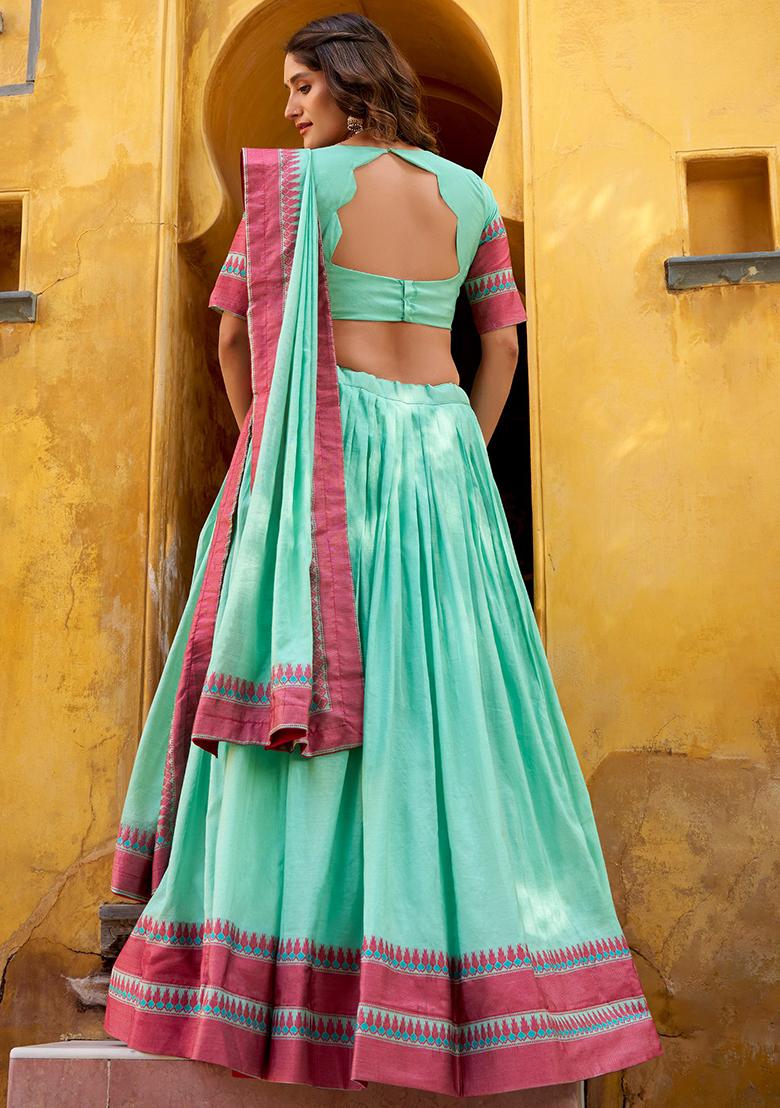 Sky Blue Embroidered Chanderi Lehenga Set - Indya