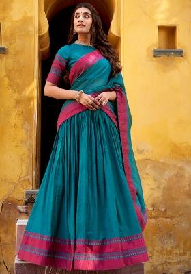 Teal Embroidered Chanderi Lehenga Set