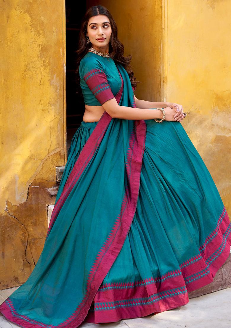 Teal Embroidered Chanderi Lehenga Set - Indya