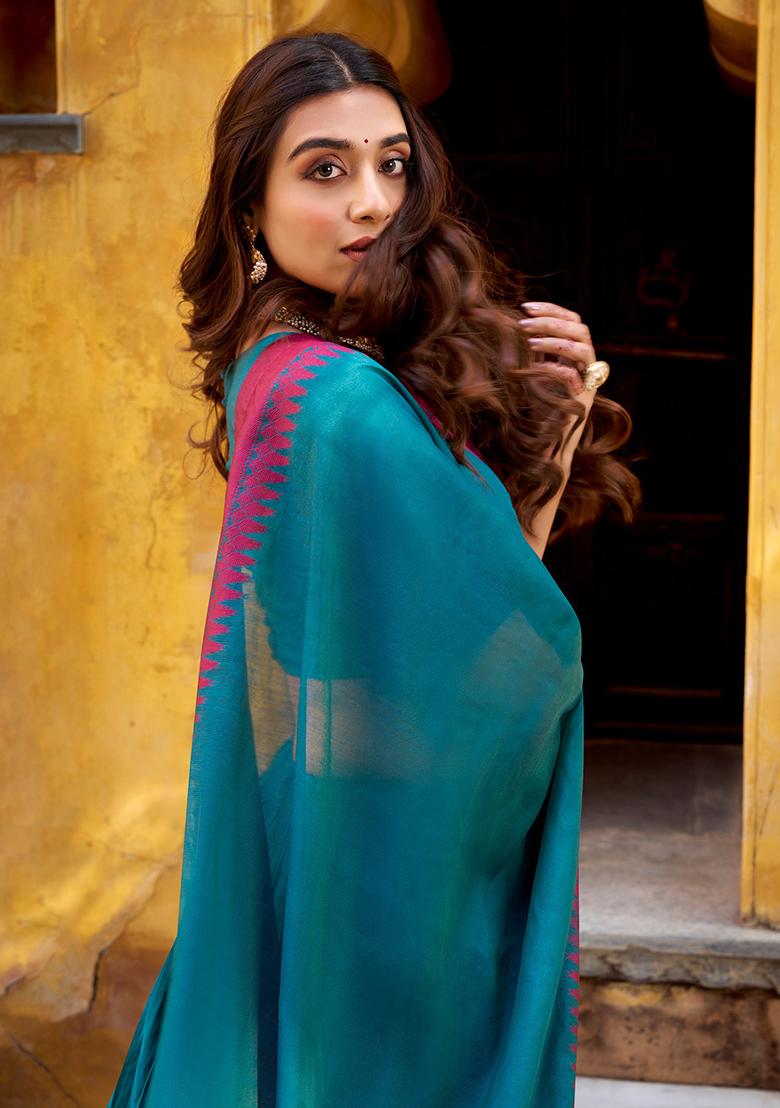 Teal Embroidered Chanderi Lehenga Set - Indya