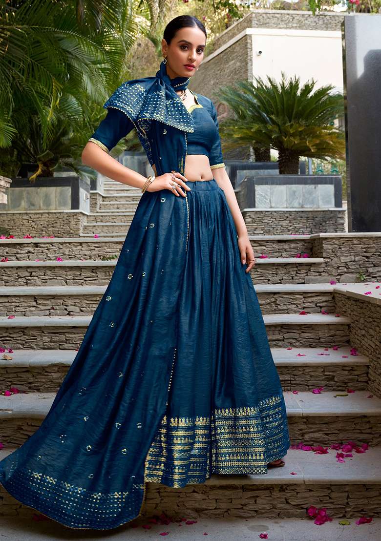 Navy Blue Chanderi Lehenga Set with Embroidered for Diwali | Wedding & Festive Wear - Indya