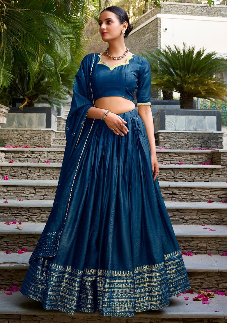 Navy Blue Embroidered Chanderi Lehenga Set - Indya