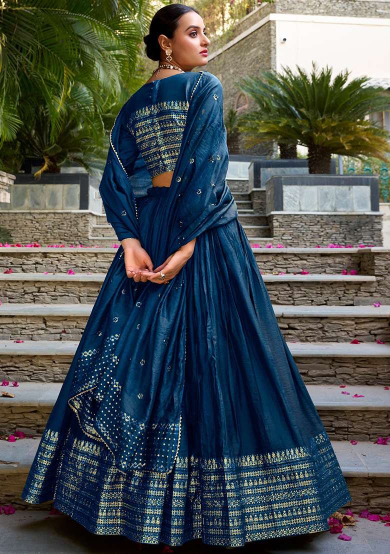 Navy Blue Chanderi Lehenga Set with Embroidered for Diwali | Wedding & Festive Wear - Indya