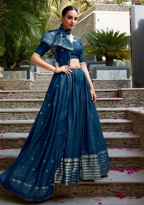 Navy Blue Embroidered Chanderi Lehenga Set