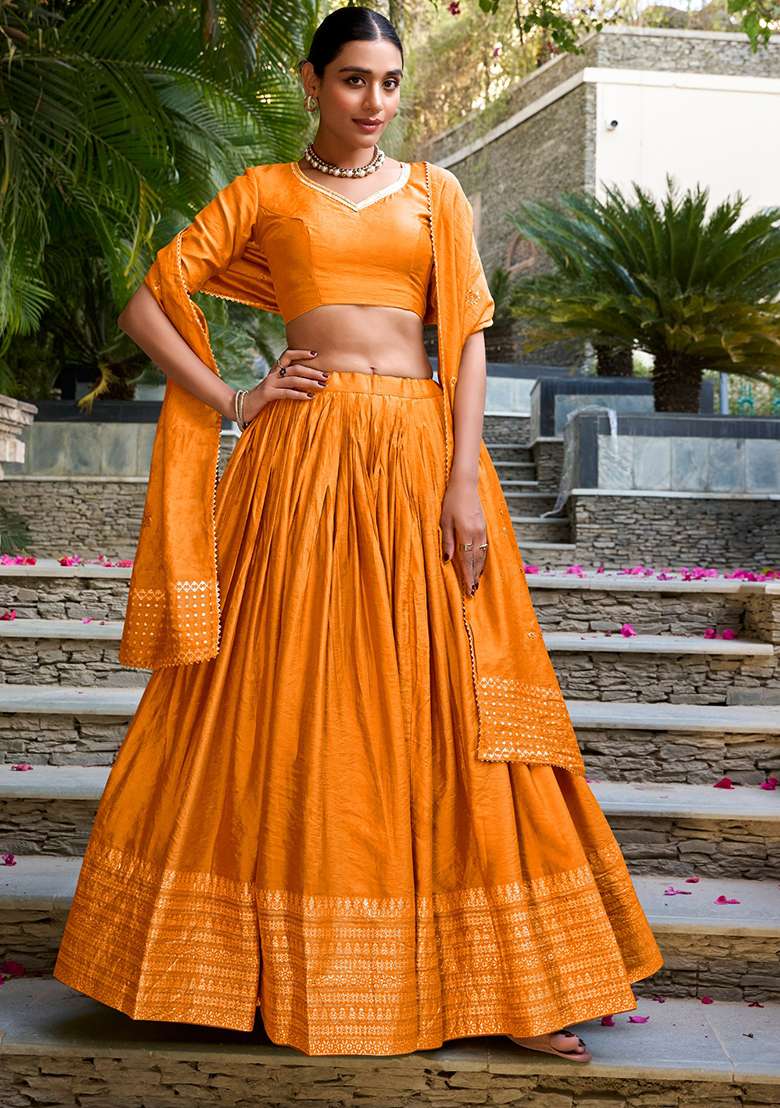 Orange Chanderi Lehenga Set with Embroidered for Diwali | Wedding & Festive Wear - Indya