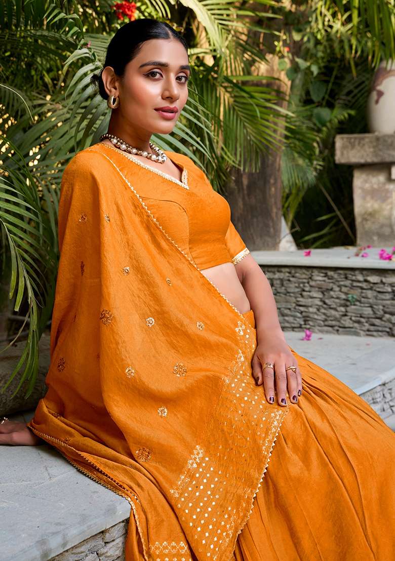 Orange Chanderi Lehenga Set with Embroidered for Diwali | Wedding & Festive Wear - Indya