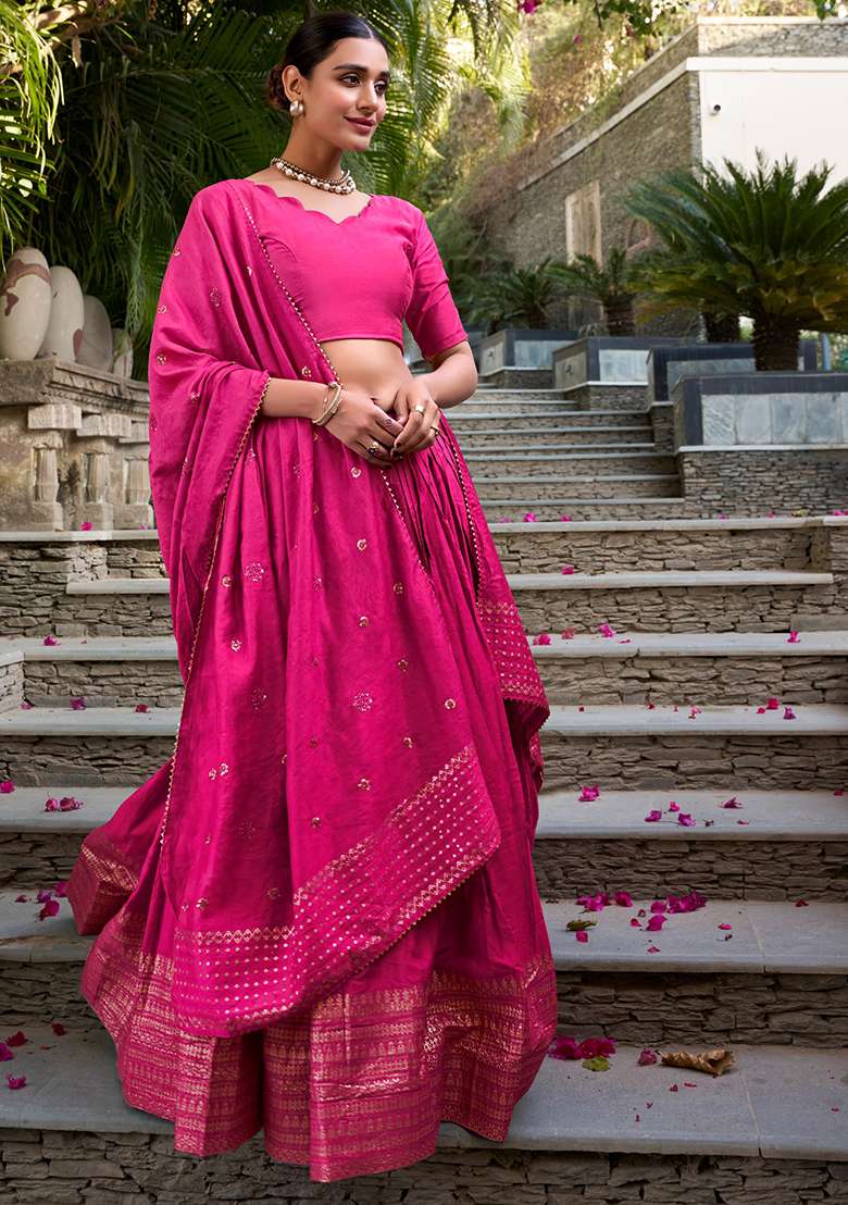 Pink Chanderi Lehenga Set with Embroidered for Diwali | Wedding & Festive Wear - Indya