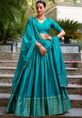 Sky Blue Embroidered Chanderi Lehenga Set