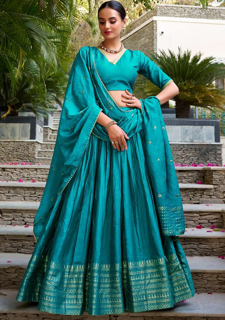 Sky Blue Embroidered Chanderi Lehenga Set for Diwali and Festive Wear - Indya
