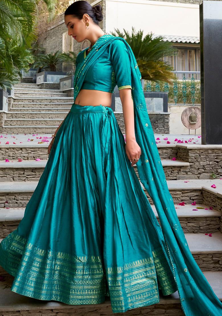 Sky Blue Embroidered Chanderi Lehenga Set - Indya
