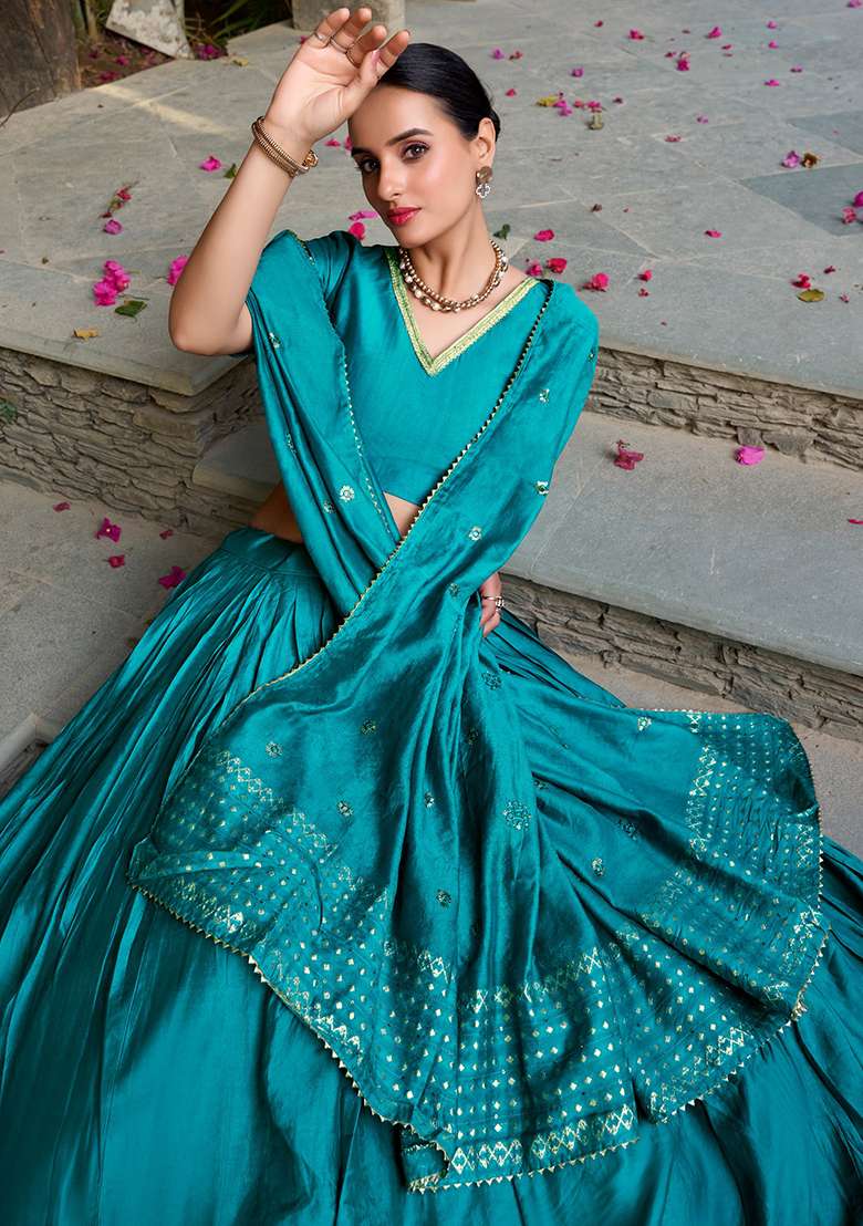 Sky Blue Embroidered Chanderi Lehenga Set for Diwali and Festive Wear - Indya