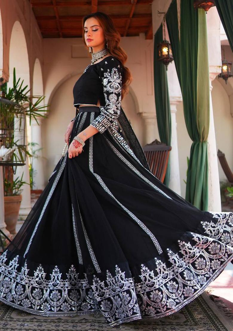 Black Embroidered Velvet Lehenga Set - Indya