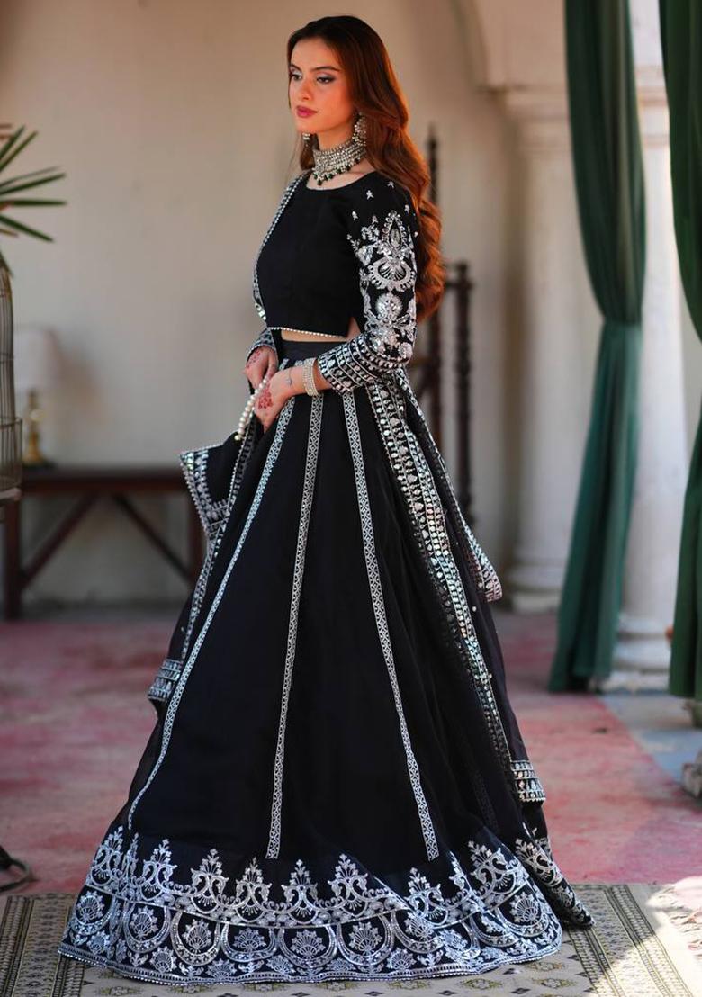 Black Embroidered Velvet Lehenga Set - Indya