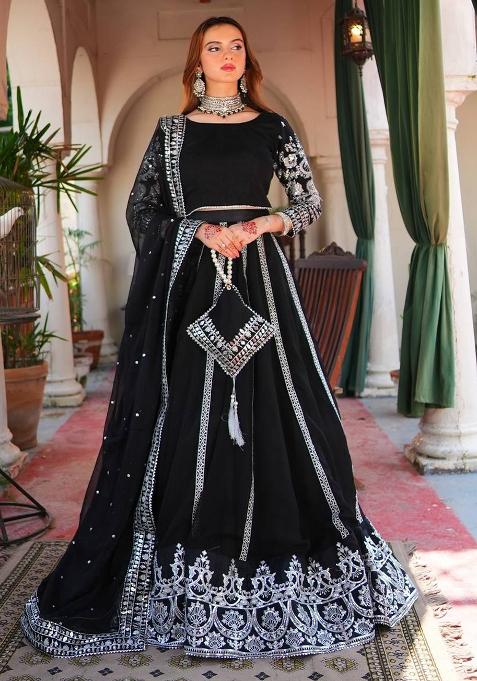 Black Embroidered Velvet Lehenga Set