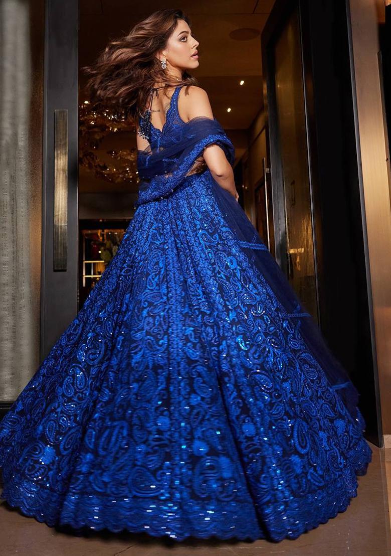 Blue Embroidered Georgette Lehenga Set - Indya