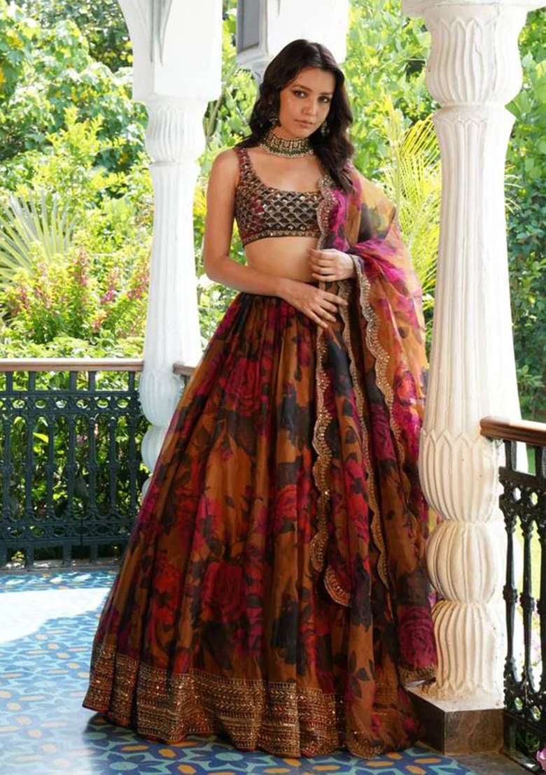 Orange Embroidered Organza Lehenga Set for Diwali and Festive Wear - Indya