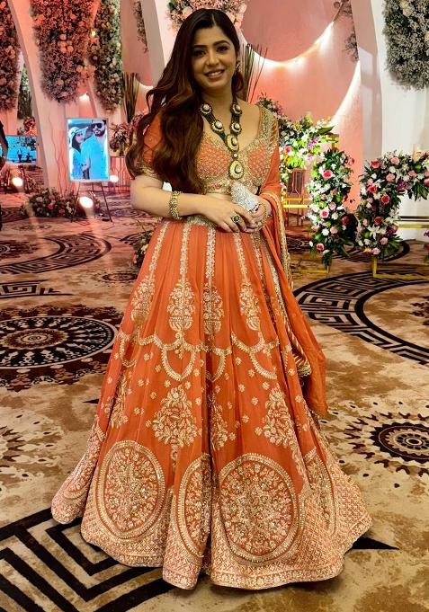 Orange Embroidered Georgette Lehenga Set