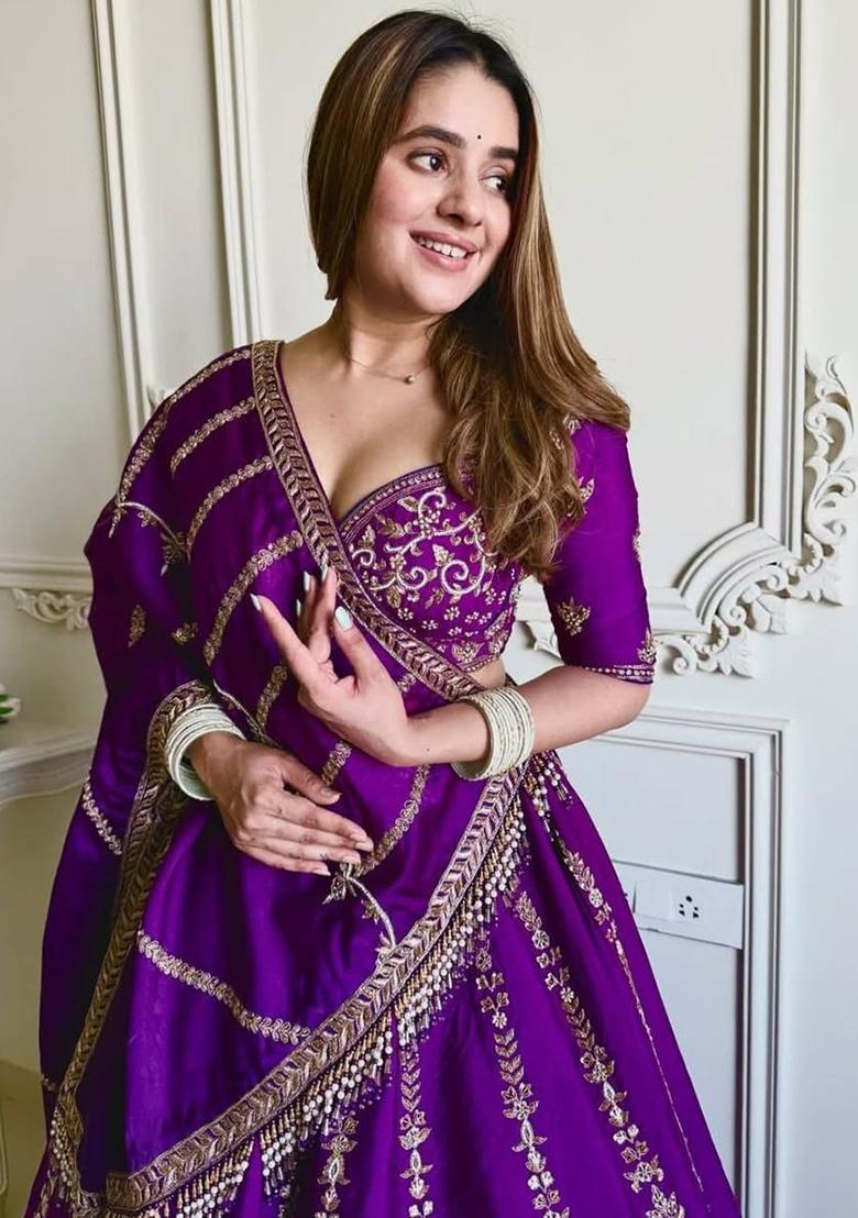 Purple Embroidered Silk Lehenga Set - Indya