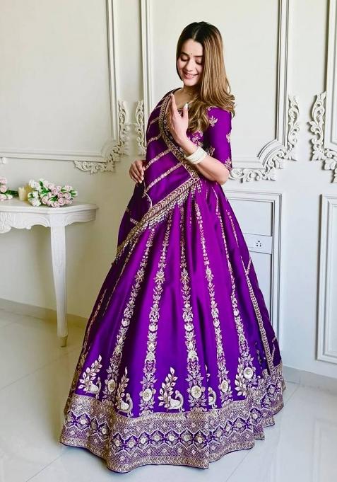 Purple Embroidered Silk Lehenga Set