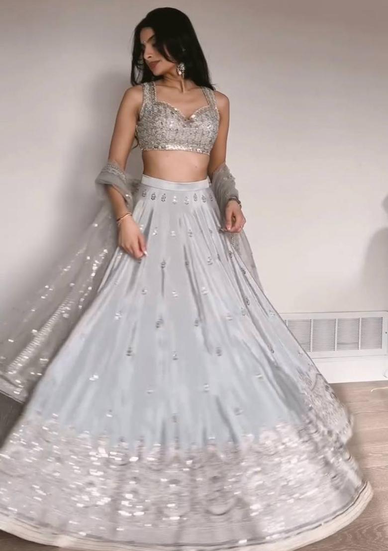 Silver Embroidered Satin Lehenga Set - Indya