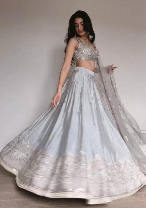 Silver Embroidered Satin Lehenga Set