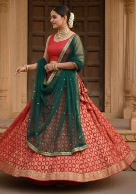Multicolor Woven Silk Lehenga Set