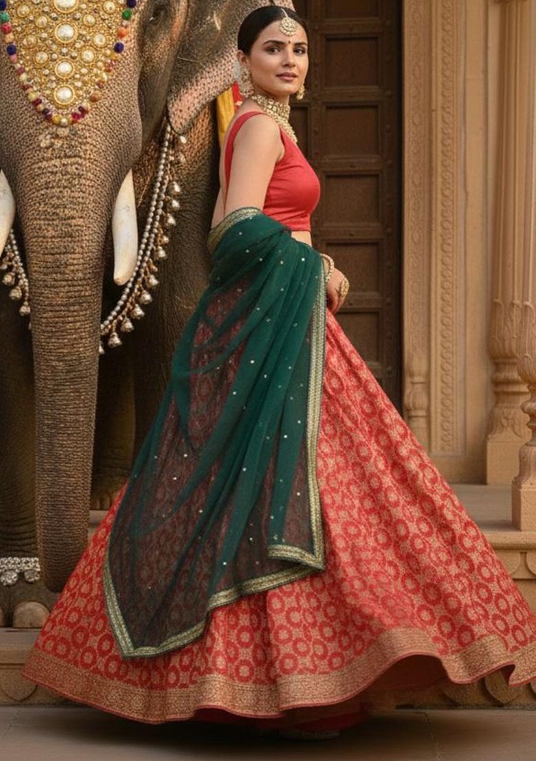 Multicolor Woven Silk Lehenga Set - Indya