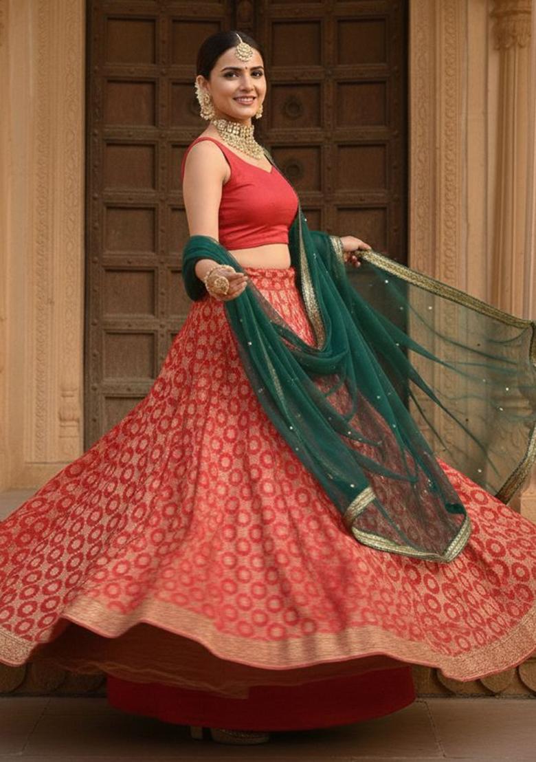 Multicolor Woven Silk Lehenga Set - Indya