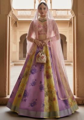 Multicolor Printed Linen Lehenga Set
