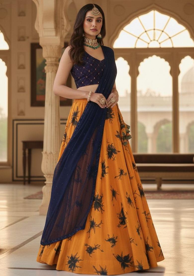 Multicolor Printed Silk Lehenga Set - Indya