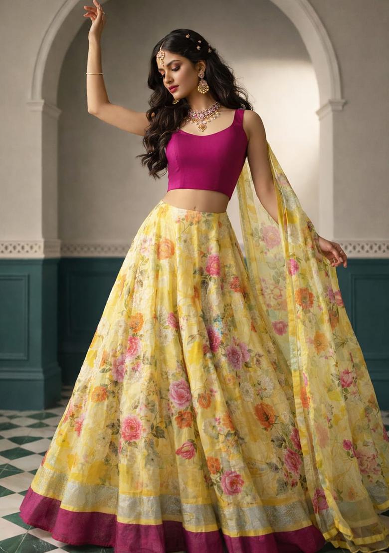 Multicolor Printed Linen Lehenga Set - Indya
