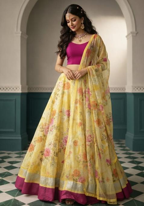 Multicolor Printed Linen Lehenga Set