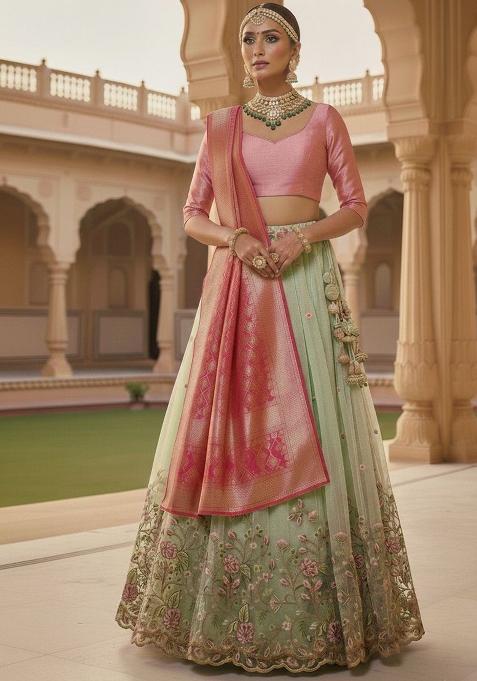 Multicolor Embroidered Net Lehenga Set