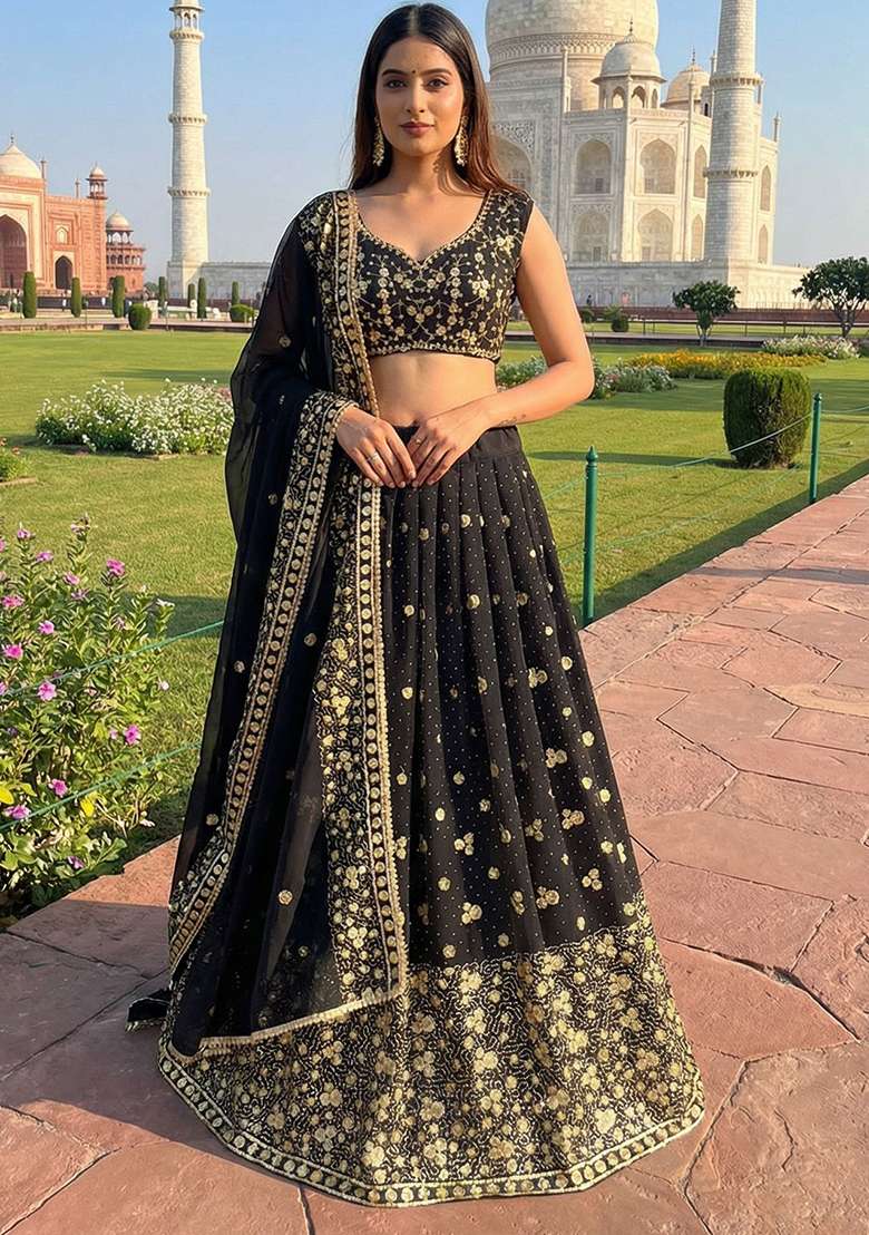 Multicolor Embroidered Georgette Lehenga Set for Diwali and Festive Wear - Indya